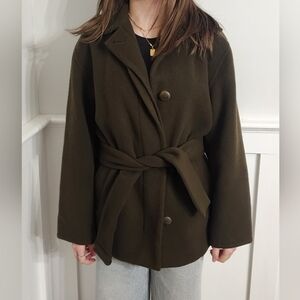 Vince Olive Green Brushed Wool Belted Jacket with Convertible Collar. XS